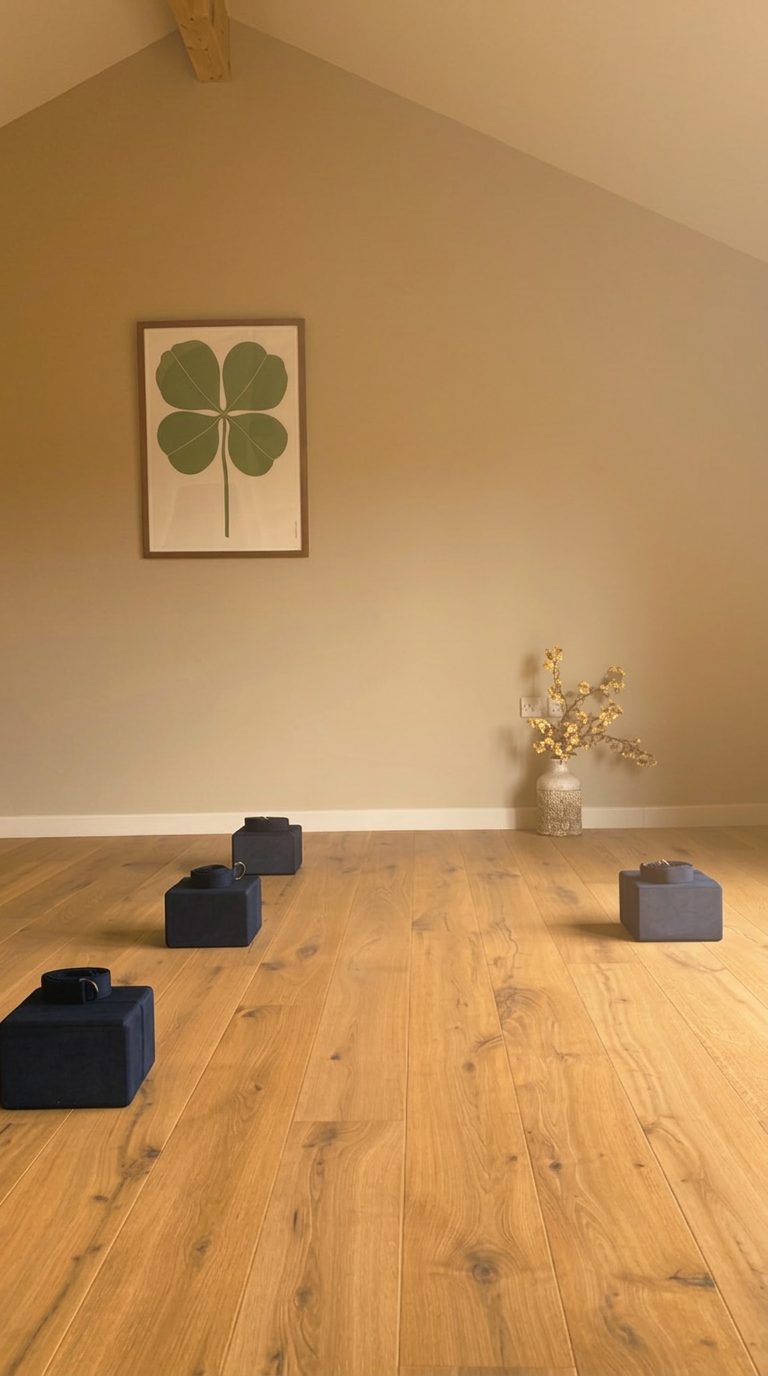 The home yoga studio with blue yoga blocks on a wooden floor, a framed clover print and dried flowers